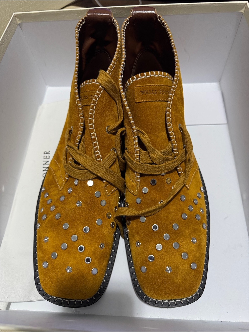 Wales Bonner Men’s Suede Studded Lace-Up Boots — Mustard